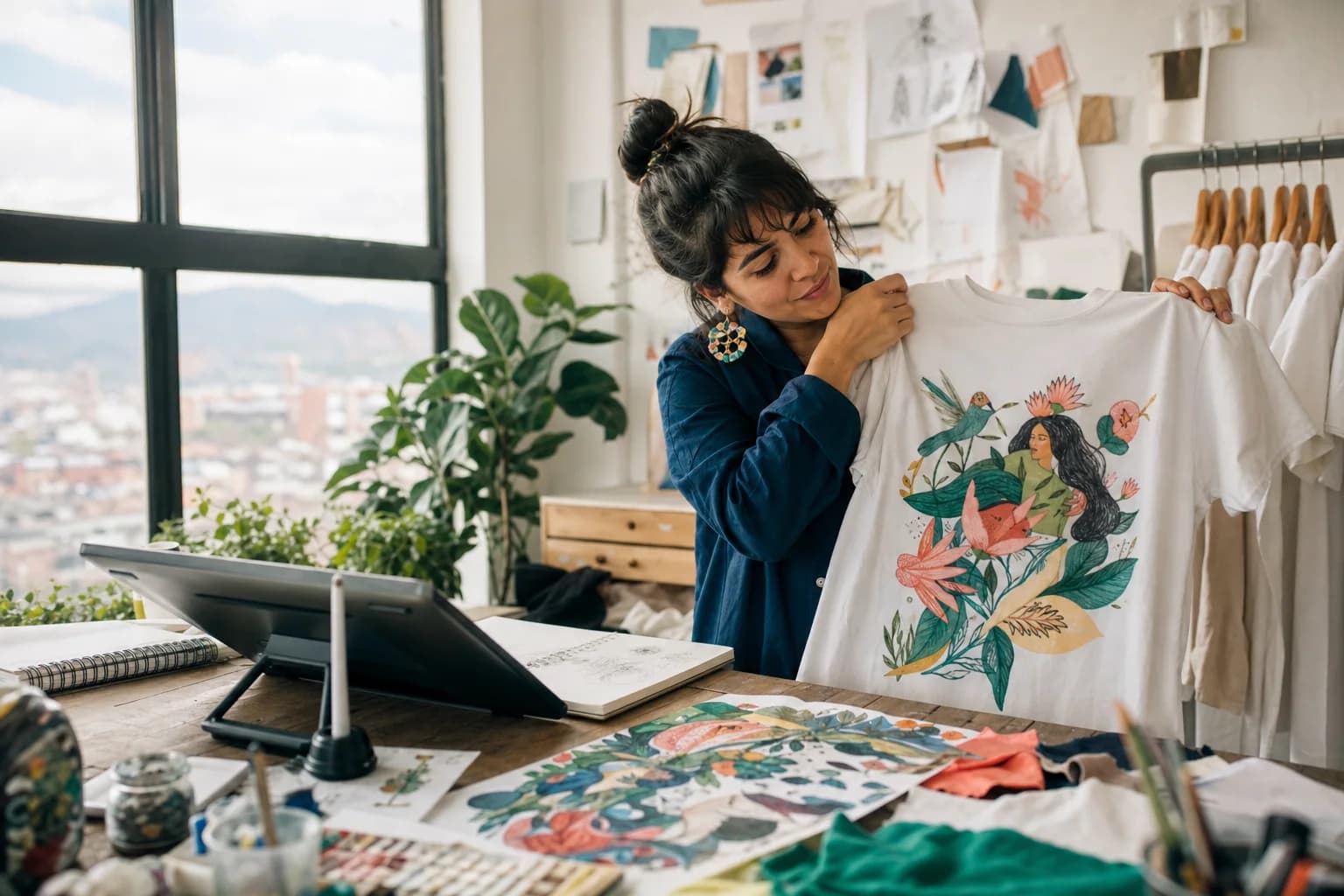 Ilustradora colombiana revisando su diseño aplicado a una camiseta
