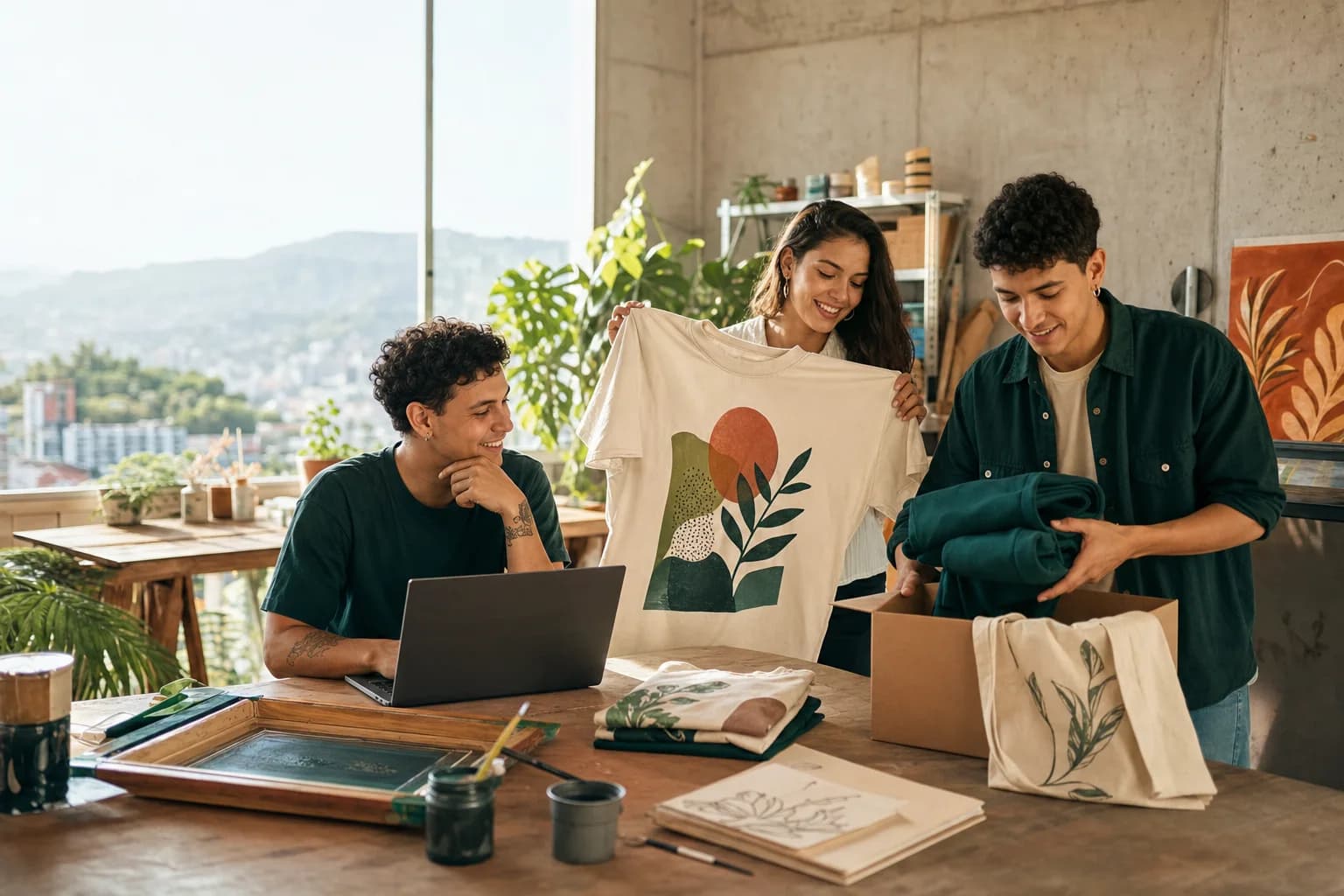 Equipo operando una tienda y productos bajo demanda