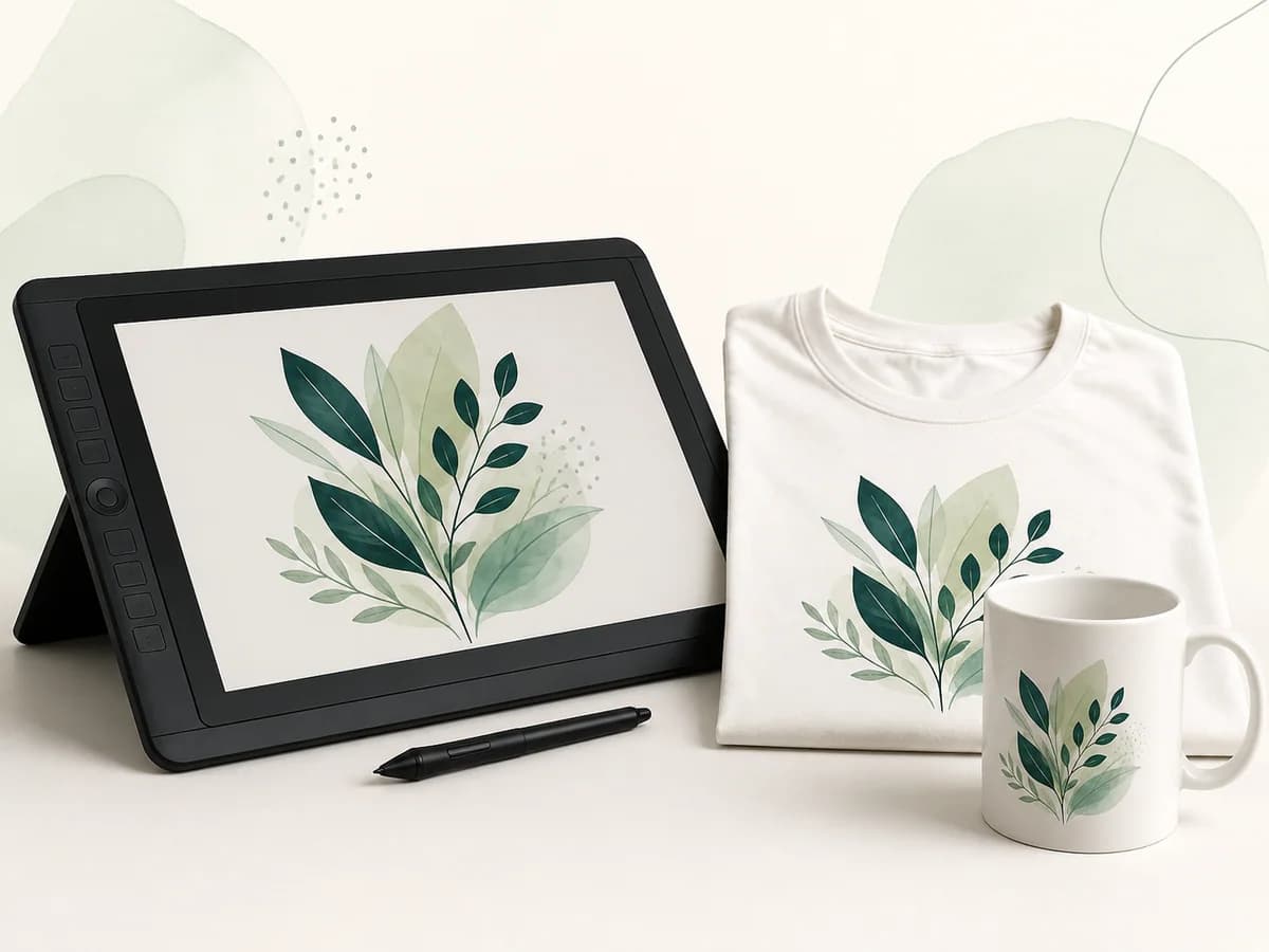 Tableta de dibujo, camiseta y taza con una misma ilustración botánica