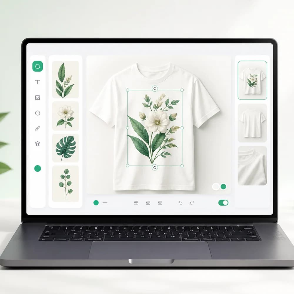 Editor de Printelo con un diseño botánico aplicado a una camiseta