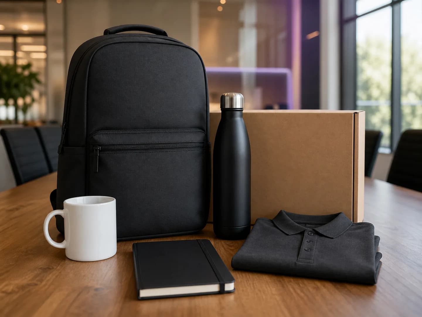 Kit corporativo con mochila, botella, polo, mug, libreta y empaque