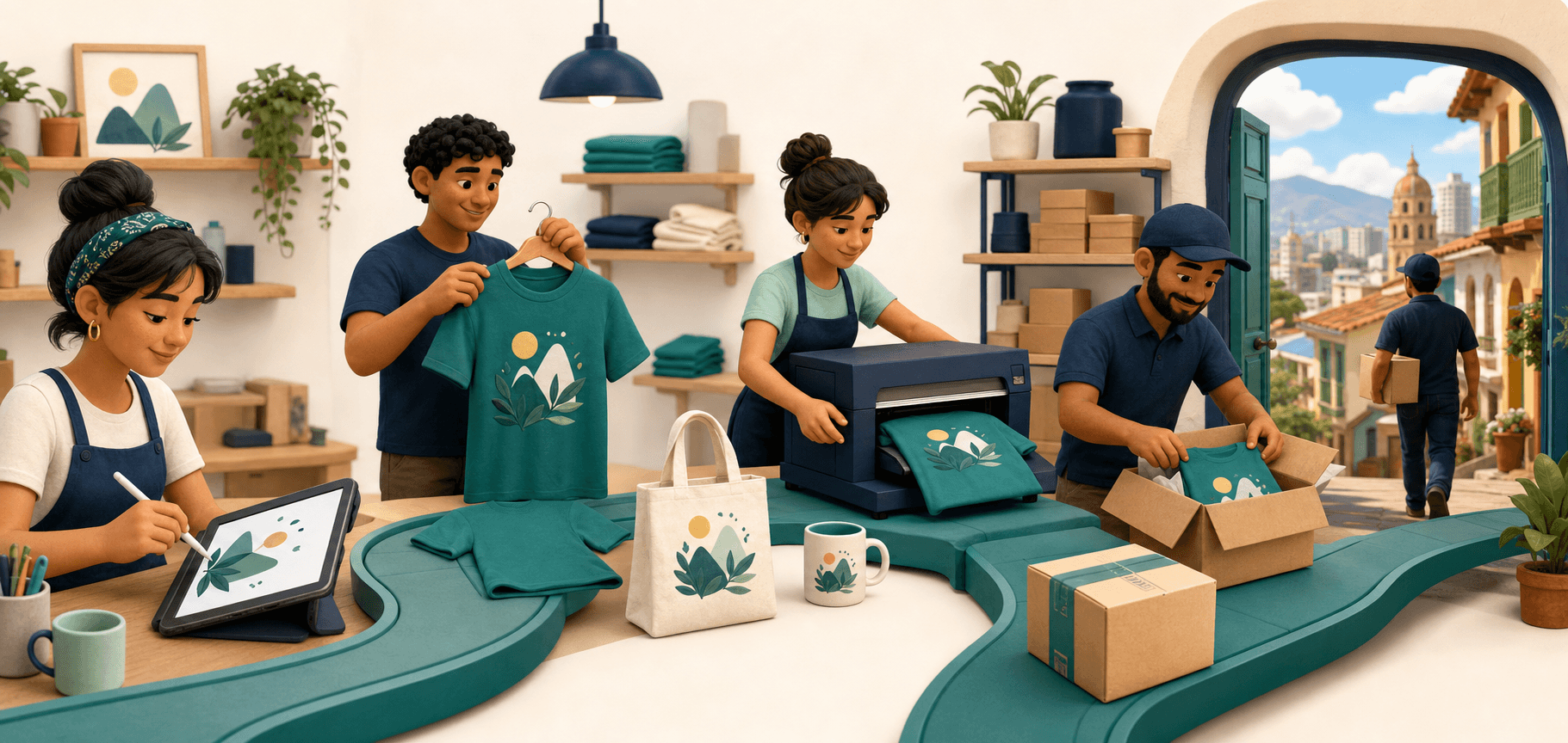 Una creadora diseña, un equipo personaliza y empaca, y un pedido sale a entrega en Colombia